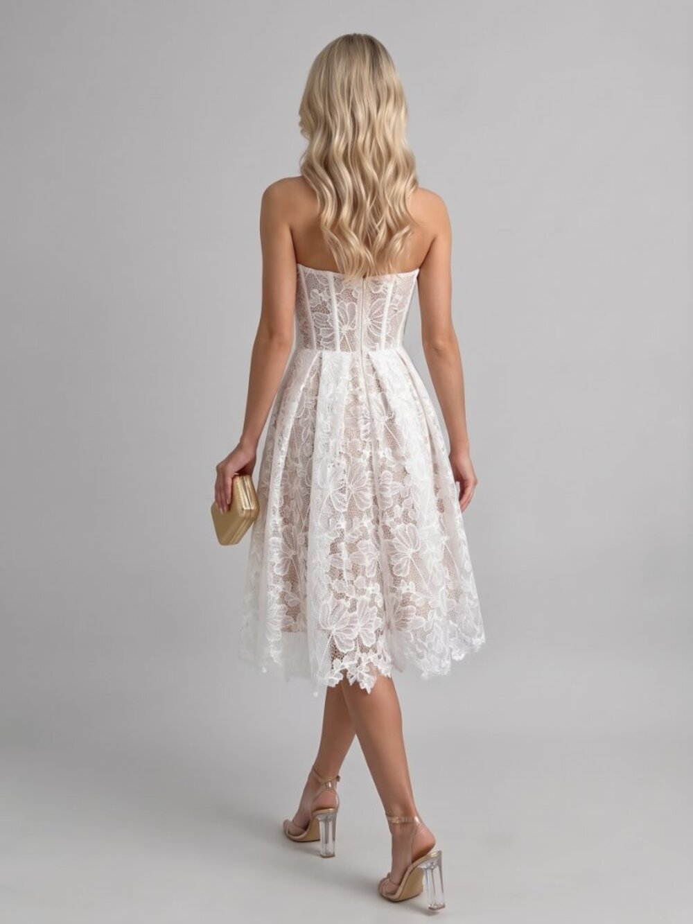 Women's White Lace Corset Midi Dress Strapless Sweetheart A-Line Formal - Picture 3 of 5